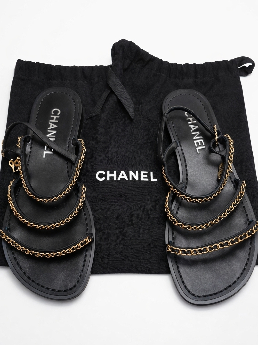 CHANEL Black Lambskin & Gold Chain-Link Gladiator Sandals – Size 37.5 (Great)